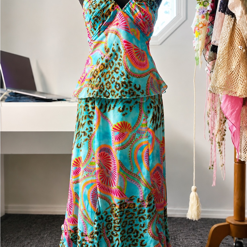 Italian Vibrant Turquoise & Pink Printed Maxi two piece